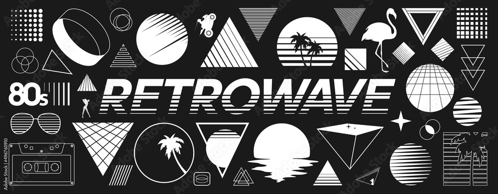 Set of retrowave design elements. Sunset, palm tree, flamingo, pyramid, audio cassette, sunglasses, striped and line style geometry. Pack of retrowave 1980s style design elements. Vector