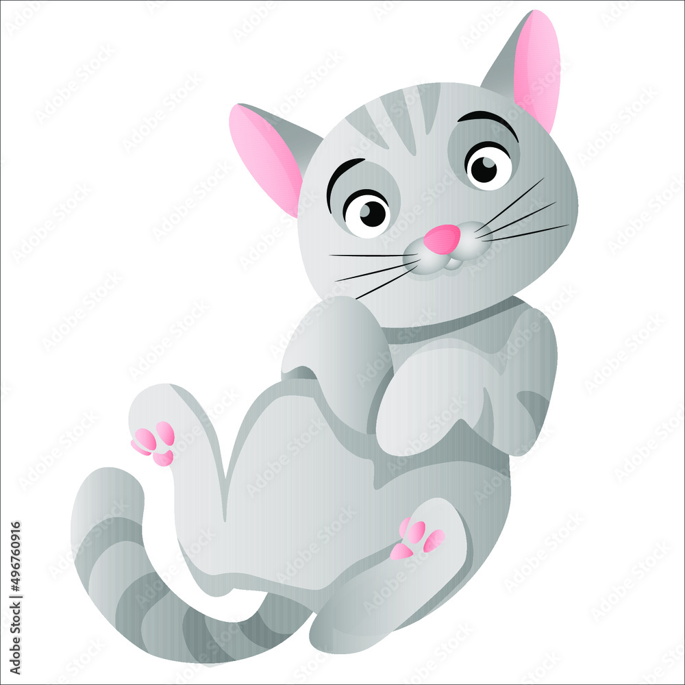 The gray cat lies on its back with its paws clenched