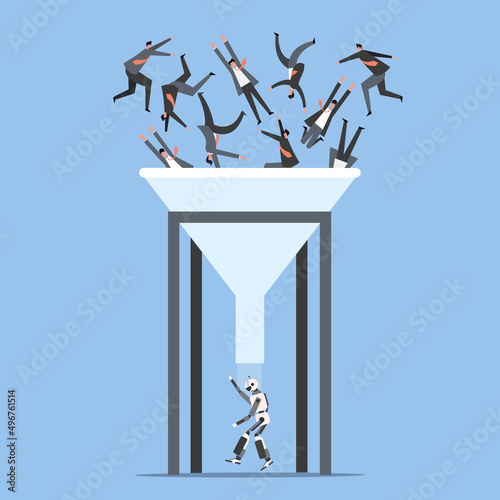 Conceptual illustration a funnel in which many humans going inside as input and a robot  coming out as an output
