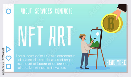 Artist draws for nft collection. Vector flat illustration men with easel and bitcoins on blue background