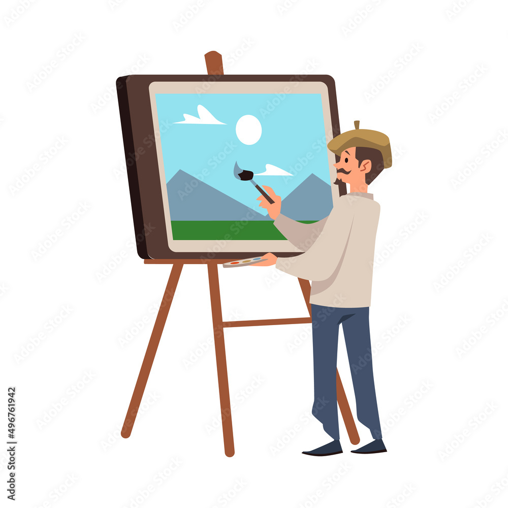 Painter or artist at easel creating artwork flat vector illustration isolated. Painter or artist at easel creating artwork flat vector illustration isolated.