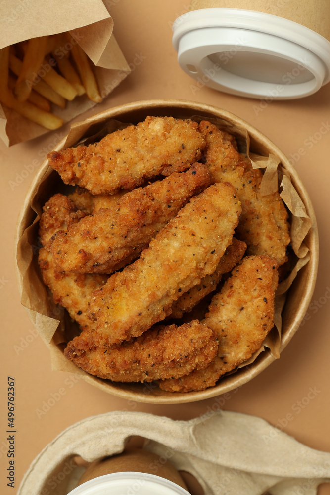 Concept of tasty food with Chicken strips, top view Concept of tasty food with Chicken strips, top view
