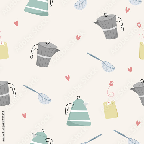 Seamless pattern with cartoon hand drawn teapot, strainer, tea bag and hearts in flat style. Kitchen background. Vector background design for fabric, clothes print, towel, textile, wallpapers, surface