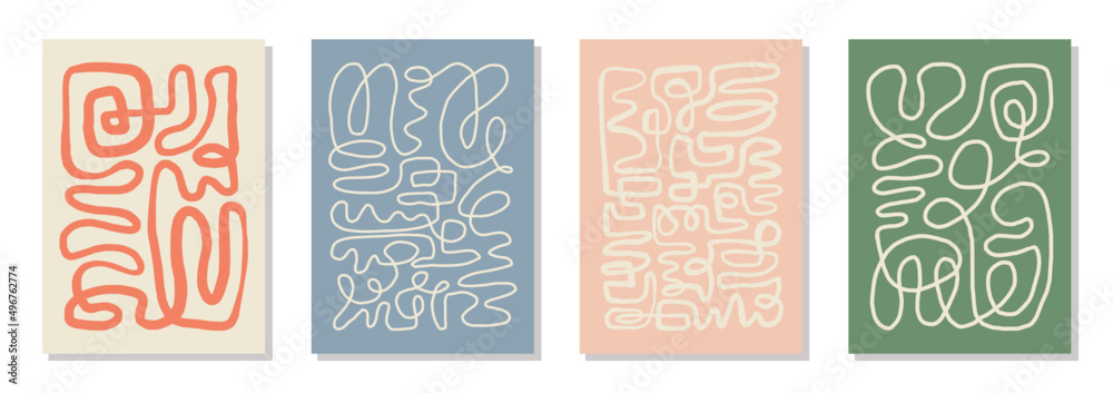 Set of 4 wall art posters, brochure, flyer templates. Single organic line abstract shape drawn, hand drawn design, simple wallpaper. Dynamic continuous one line graphic vector vintage design.