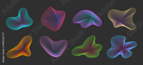 Set of 8 abstract graphic flowing liquid, fluid, organic shapes elements. Dynamic amorphous vector gradient waves and lines. Retro futurism and memphis vaporwave geometric, retro 80s and 90s cyberpunk