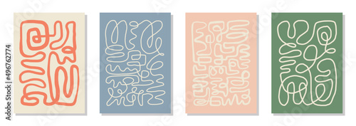 Set of 4 wall art posters, brochure, flyer templates. Single organic line abstract shape drawn, hand drawn design, simple wallpaper. Dynamic continuous one line graphic vector vintage design.