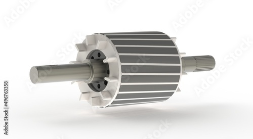 Assembly rotor used for asynchronous electric motor, squirrel cage and shaft, 3D rendering isolated on white background photo