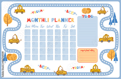 Cartoon cute monthly planner. To do list, notes, template design, important dates. Schedule, printing, calendar for study, scool. Childrens scandinavian vector illustration. yellow vintage taxi