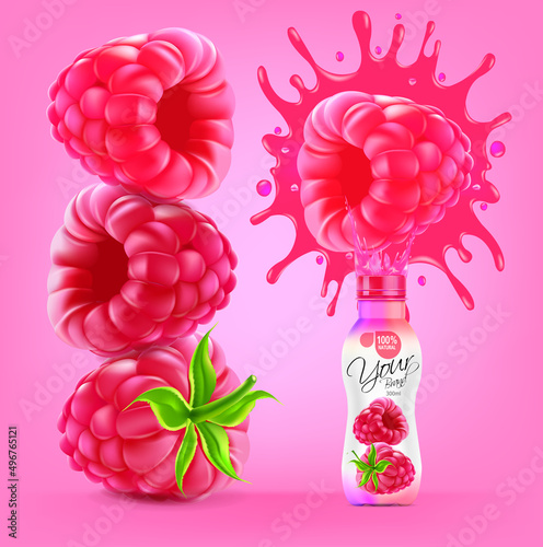 Raspberry bottle design with raspberry juice splashes.illustration vector