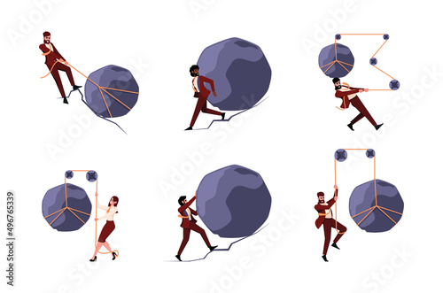 Businessman pushing stones. Effort team with pulling big weight stones heavy struggle obstacles garish vector flat concept pictures templates