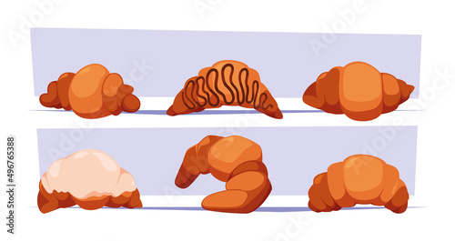 Croissant. Baking delicious food from white flour fresh products with different juicy geam from fruits garish vector croissant for dinner