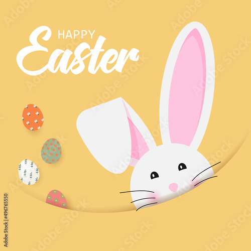 Cute Easter rabbit with ears and lettering Happy Easter on yellow background, vector illustration.
