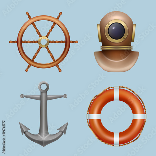 Marine realistic. Space suit lifebuoy anchor steering wheel diving ocean equipment cruising captain safety jacket decent vector set