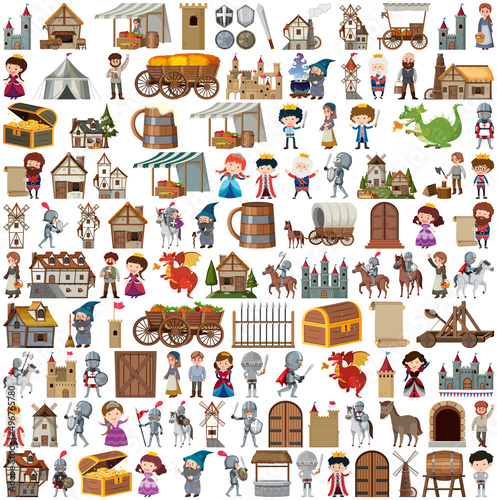 Medieval characters buildings set