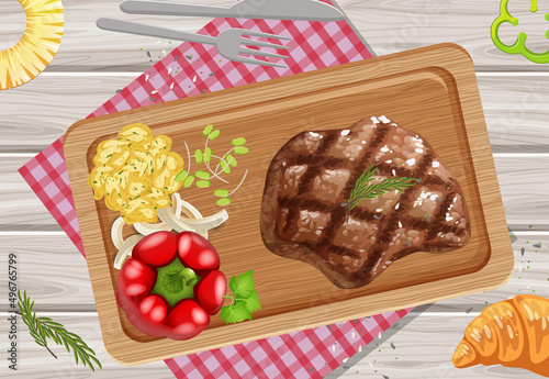Top view of meat steak on wooden tray