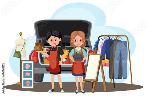 two women selling items at a car boot sale clip art preview