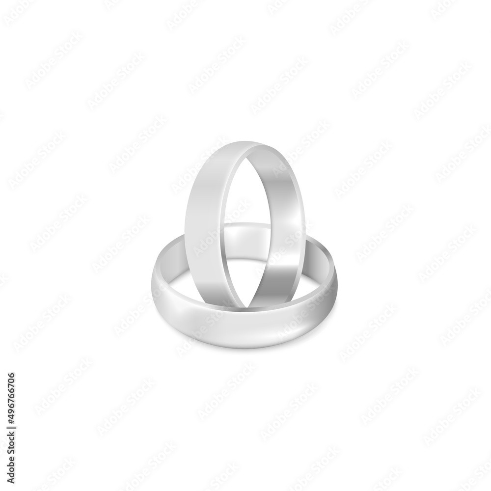 Two silver wedding rings on white background. 3d isolated vector illustration Two silver wedding rings on white background. 3d isolated vector illustration