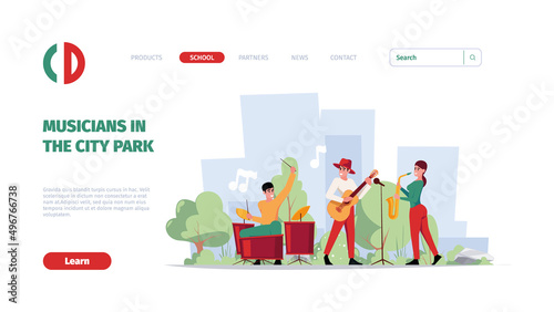 Urban entertainment landing. Musicians outdoor dancers street performance garish vector web page template