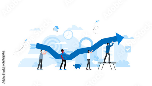 People raise arrow chart together. Animation ready duik friendly vector. Conceptual business story. Financial crisis, economic recession, bankruptcy, depression, way to success, interracial teamwork.