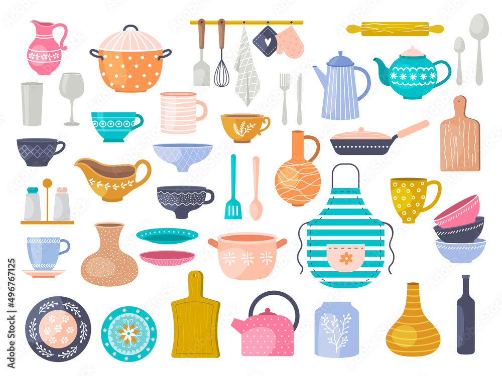 Kitchen cookware. Decorative set of kitchen utensil forks mugs plates jug vase spoons dishes recent vector flat illustration collection