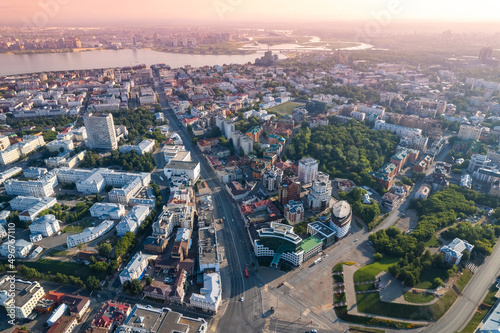 Panoramic aerial top view of Kazan with sun light, republic of Tatarstan Russia