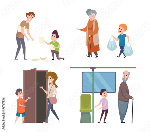 Kids good manners. Thank characters polite people kids give way to elderly exact vector illustrations set isolated