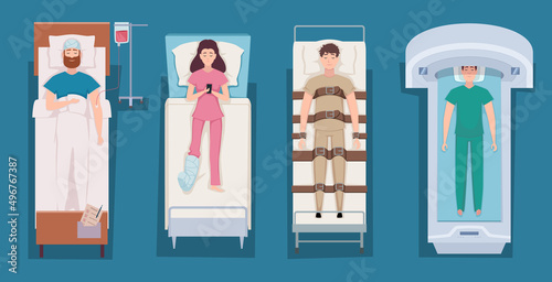 Patient top view. Emergency surgical processes medical cartoon illustration exact vector people in hospital bed