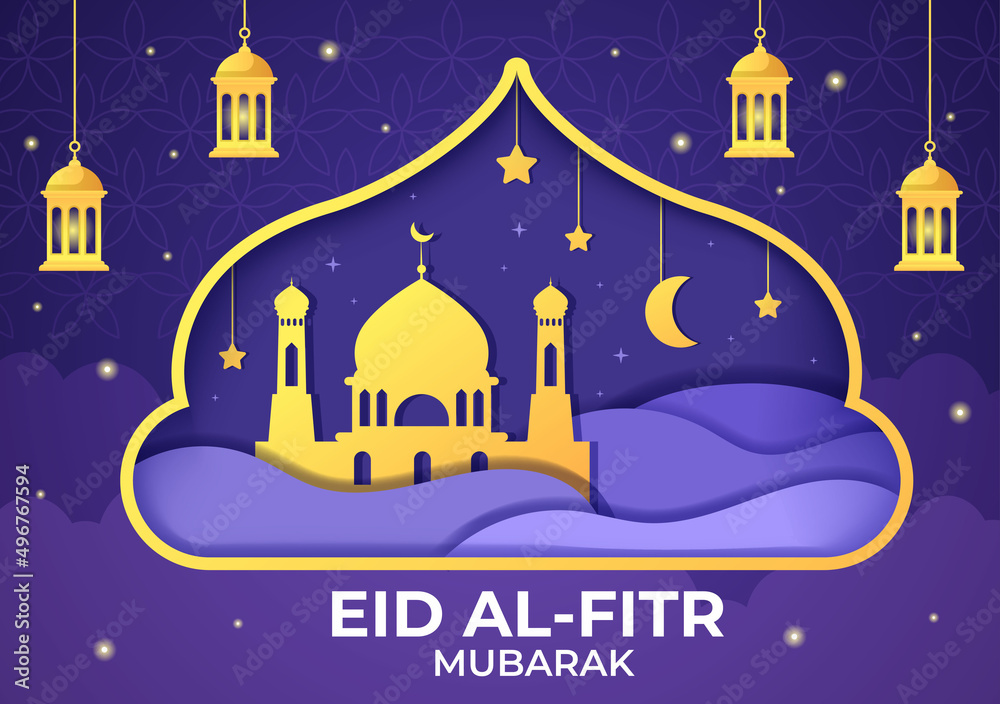 Naklejka premium Happy Eid ul-Fitr Mubarak Background Illustration with Pictures of Mosques, Moon, Antennas and Others Suitable for Posters