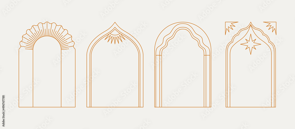 Vector set of design elements and illustrations in simple linear style - boho arch logo design elements and frames for social media stories and posts - obrazy, fototapety, plakaty 