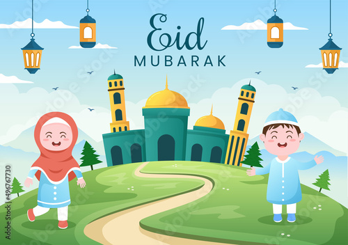 Happy Eid ul-Fitr Mubarak Background Illustration. Muslim People Celebrating with Shaking Hands Wishing Each Other and Apologize in Flat Style