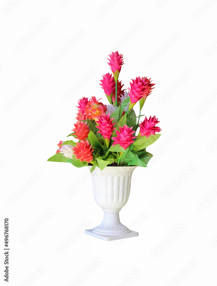 Red flower bouquet in white pot isolated on white background , clipping path Red flower bouquet in white pot isolated on white background , clipping path