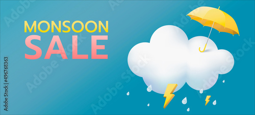 Monsoon season offer and sale banner, yellow umbrella, clouds and rain background with thunder