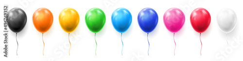 Helium inflatable colorful balloons with threads, festivity and celebration mood. Vector 3D realistic effect, decoration for part or special event, shiny decor for having fun indoors