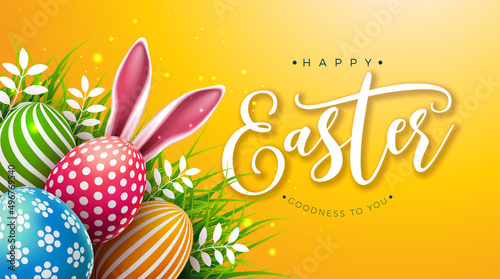 Happy Easter Illustration with Colorful Painted Egg and Rabbit Ears on Yellow Background. Vector Easter Day Celebration Design for Flyer, Greeting Card, Banner, Holiday Poster or Party Invitation.