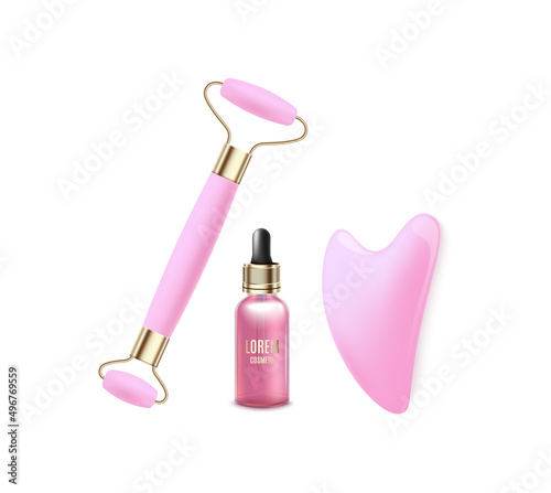 Gua Sha scraping tool and stone roller realistic vector illustration isolated.