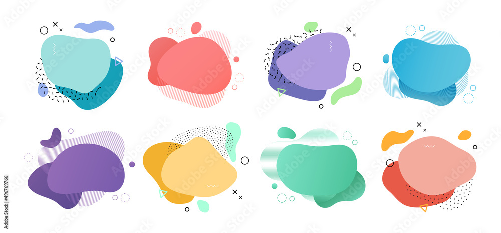 Memphis blob forms, isolated variety of colored liquid shapes with splashes design. Vector flat cartoon, typography or banners templates, abstract background for text, copy space on icons set