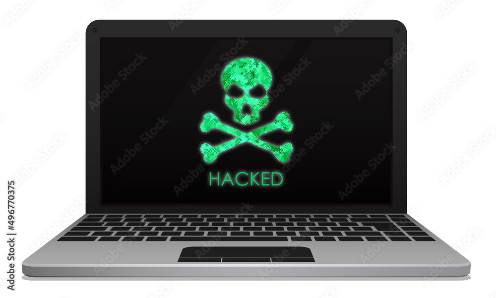 Silver laptop hacked by hacker with skull and crossbones on screen. Computer security, reliability of data storage in network. Installation of security programs. Vector Silver laptop hacked by hacker with skull and crossbones on screen. Computer security, reliability of data storage in network. Installation of security programs. Vector