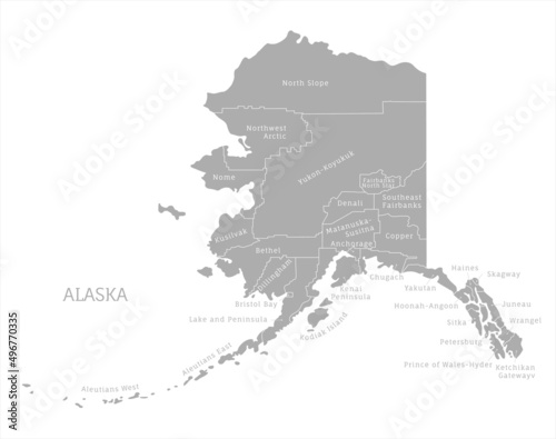 Highly detailed gray map of Alaska state  USA. Administrative Alaskan map with territory borders and names of departments vector illustration isolated on white background