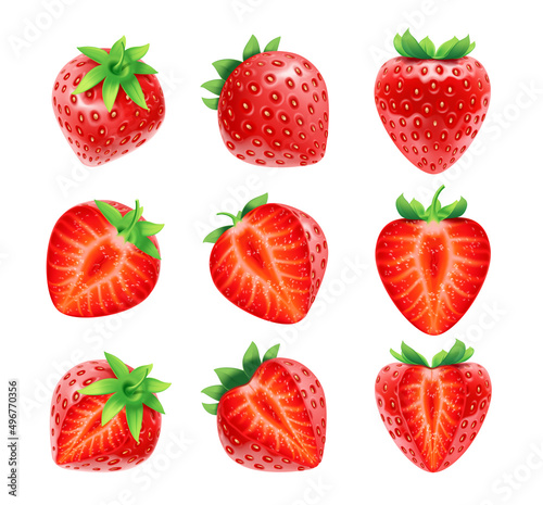 Realistic strawberries cut in half and quarters, whole ripe berry. Vector flat cartoon, isolated fruits summer food harvest organic and natural product, healthy red berries with green leaves