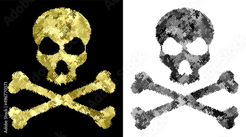 Skull with crossbones in digital style. Danger of viruses infecting computers and digital devices. Vector isolated on white background photo