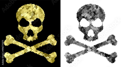Skull with crossbones in digital style. Danger of viruses infecting computers and digital devices. Vector isolated on white background