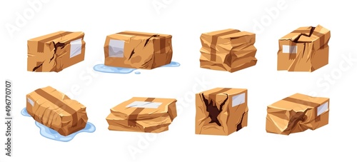 Damaged broken cardboard boxes, delivery packages set. Wet, crumpled, crinkled, spoiled carton parcels, goods orders. Torn wrinkled sealed cargo. Flat vector illustration isolated on white background