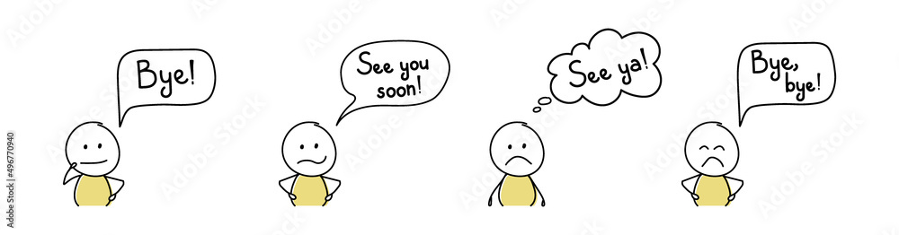 Unhappy cartoon people with text - bye, see ya, see you soon. Vector Unhappy cartoon people with text - bye, see ya, see you soon. Vector