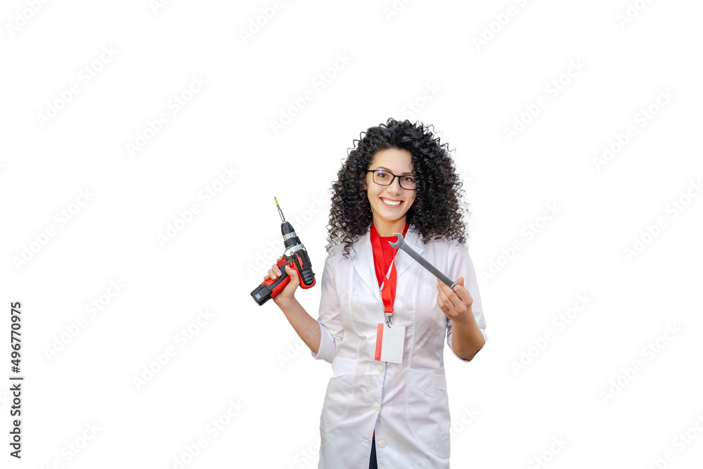 Young girl with screw gun and tools. Ready for repair. Isolated Young girl with screw gun and tools. Ready for repair. Isolated