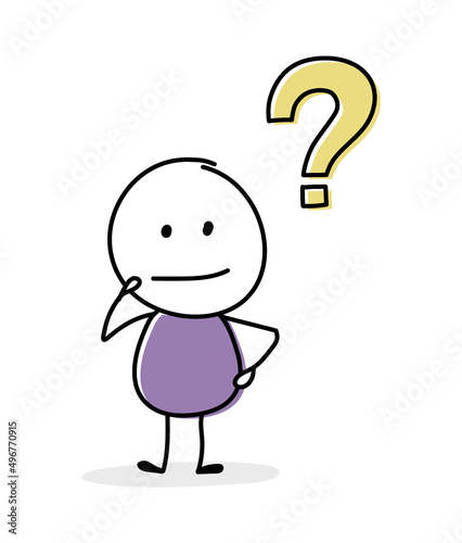 Concept of contemplating stickman with question mark icon. Vector
