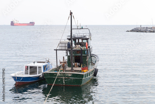 Fishing boats are anchored in Avcilar port, district of Istanbul