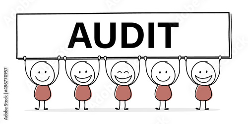 Happy stickman with text on a board - audit. Business concept. Vector