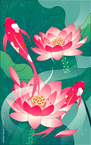 Summer lotus in a pond with koi swimming in the water, vector illustration