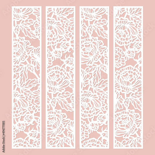 Set of laser cut panel with floral peonies pattern. Borders, room screen, bookmark templates, vector.