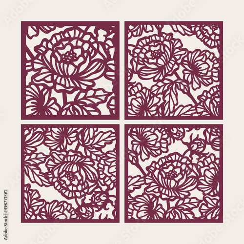 Set of laser cut square panels with floral peonies pattern. Invitation cards, fence, screen cut templates, vector.